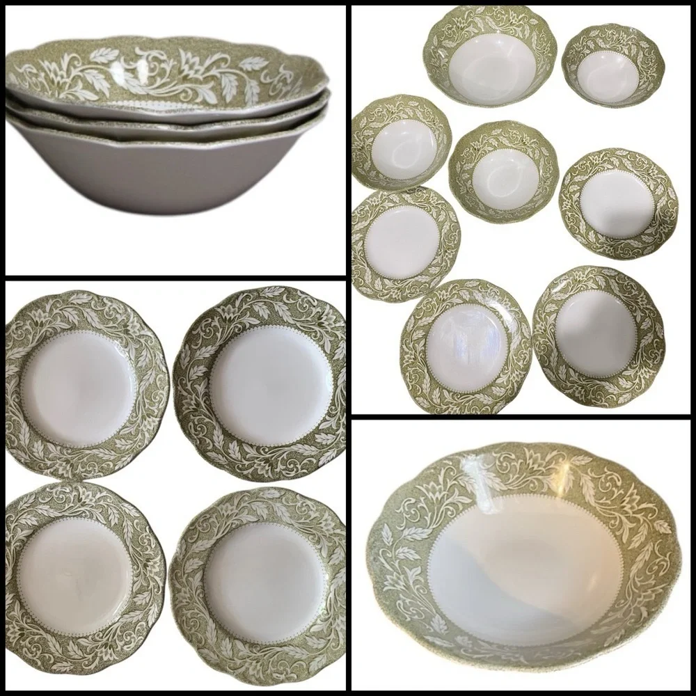 8 VTG J & G Meakin England Sterling Renaissance Green 1 Soup 3 Cereal 4 Saucers